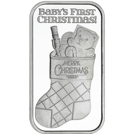 Baby's First Christmas Stocking 1oz .999 Silver Bar Dated 2022